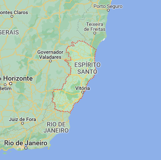 Colored map showing the borders of the state espirito santo in brazil.